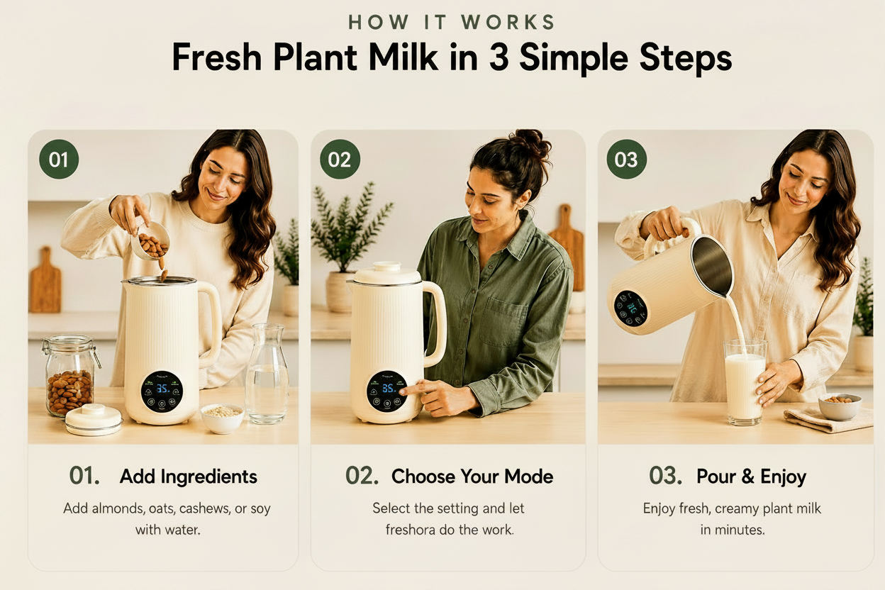 Step-by-step guide on making fresh plant milk with a device, featuring a woman in each step.
